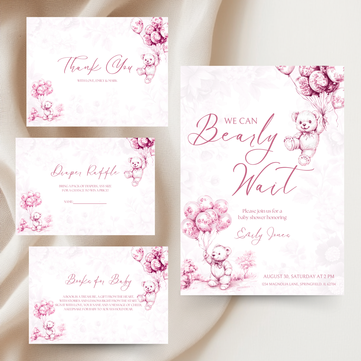 Baby Shower Invitation Bundle - Pink Bearly Wait Toile de Jouy BS37