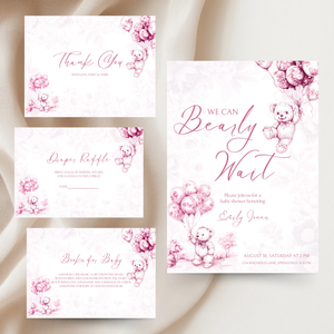 Baby Shower Invitation Bundle - Pink Bearly Wait Toile de Jouy BS37