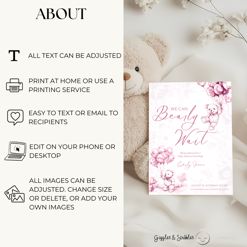 Baby Shower Invitation Bundle - Pink Bearly Wait Toile de Jouy BS37