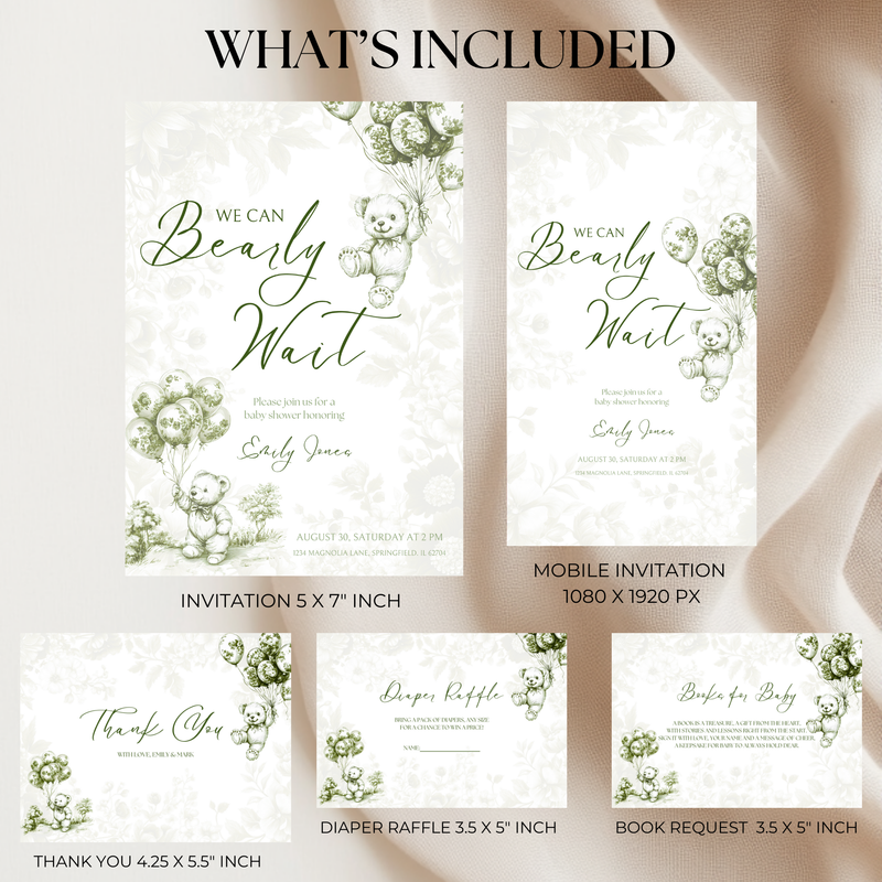 Baby Shower Invitation Bundle - Green Bearly Wait Toile de Jouy BS38