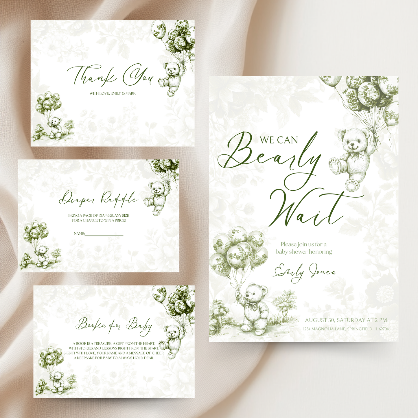 Baby Shower Invitation Bundle - Green Bearly Wait Toile de Jouy BS38