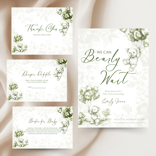 Baby Shower Invitation Bundle - Green Bearly Wait Toile de Jouy BS38