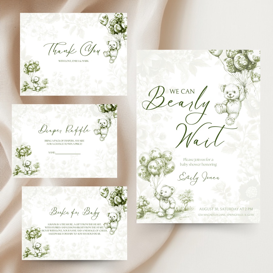 Baby Shower Invitation Bundle - Green Bearly Wait Toile de Jouy BS38