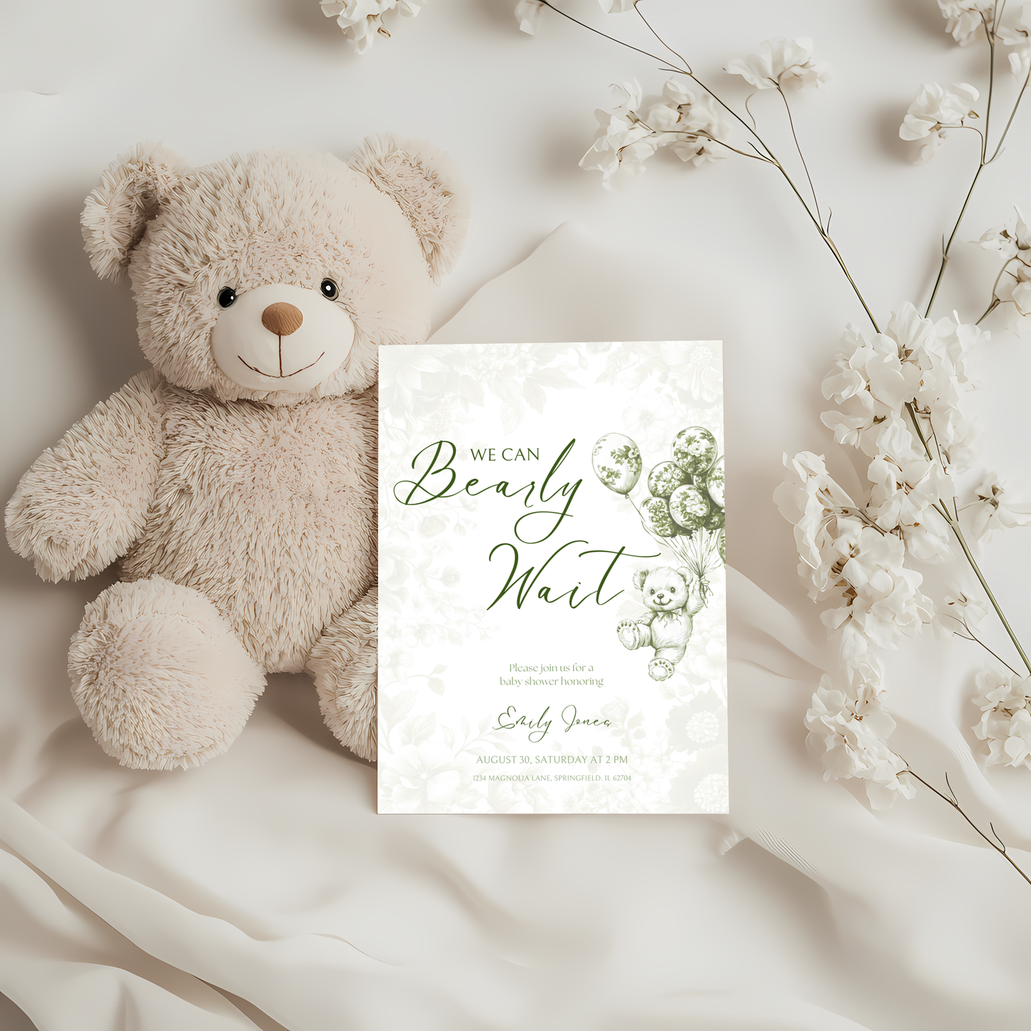Baby Shower Invitation - Green Bearly Wait Toile de Jouy BS38