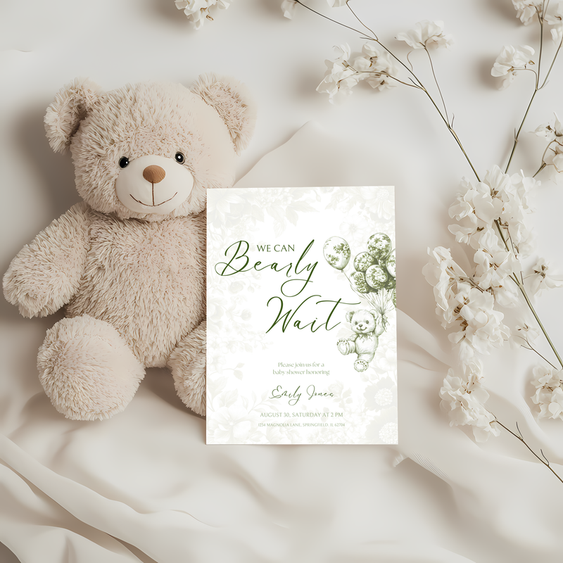 Baby Shower Invitation - Green Bearly Wait Toile de Jouy BS38