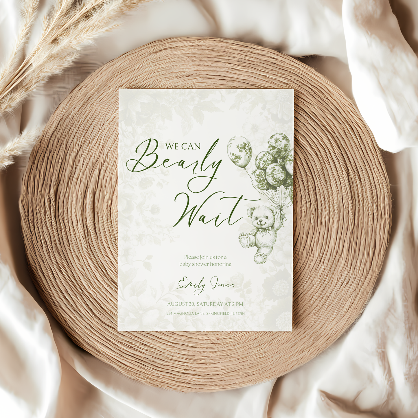 Baby Shower Invitation - Green Bearly Wait Toile de Jouy BS38