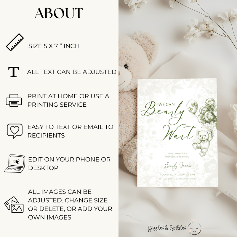Baby Shower Invitation - Green Bearly Wait Toile de Jouy BS38