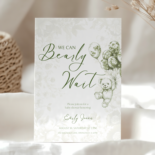 Baby Shower Invitation - Green Bearly Wait Toile de Jouy BS38