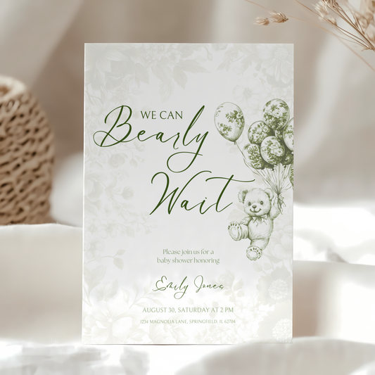 Baby Shower Invitation - Green Bearly Wait Toile de Jouy BS38