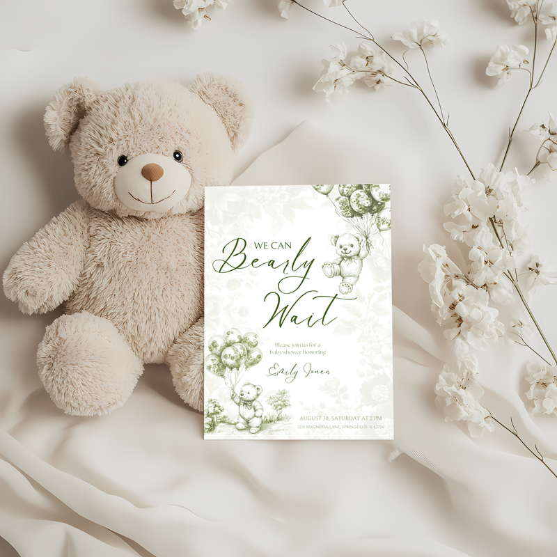 Baby Shower Invitation - Green Bearly Wait Toile de Jouy BS38