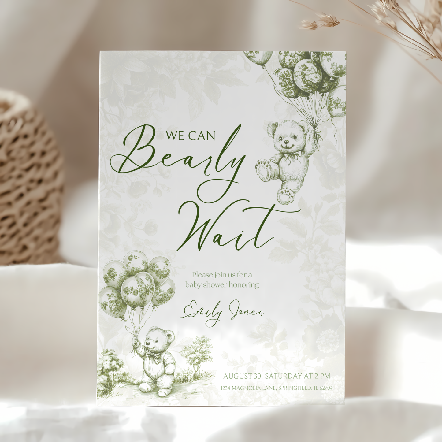 Baby Shower Invitation Bundle - Green Bearly Wait Toile de Jouy BS38