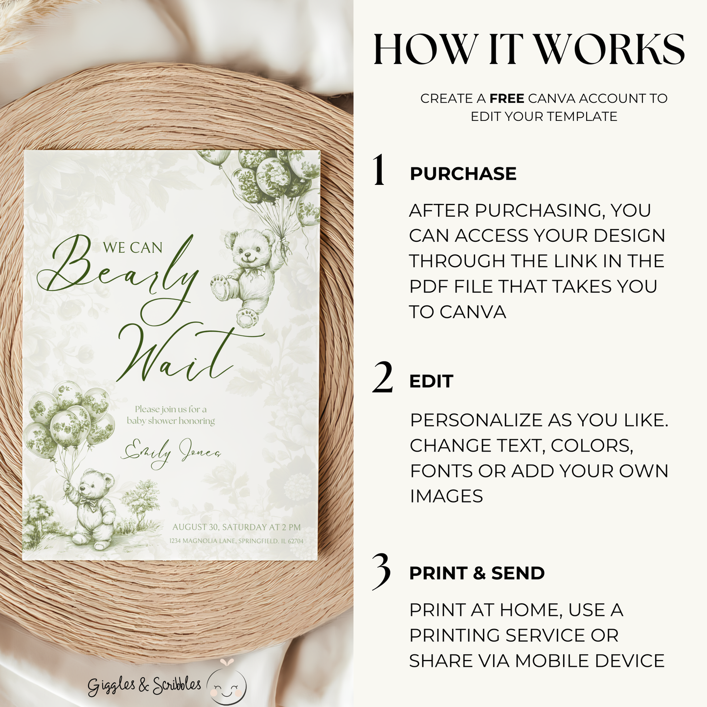 Baby Shower Invitation Bundle - Green Bearly Wait Toile de Jouy BS38