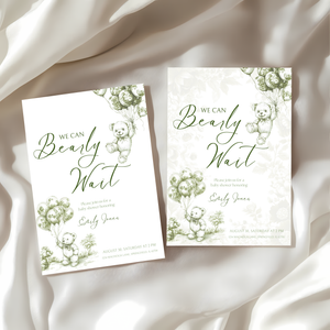 Baby Shower Invitation - Green Bearly Wait Toile de Jouy BS38
