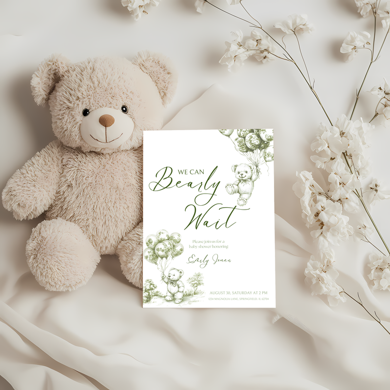 Baby Shower Invitation - Green Bearly Wait Toile de Jouy BS38