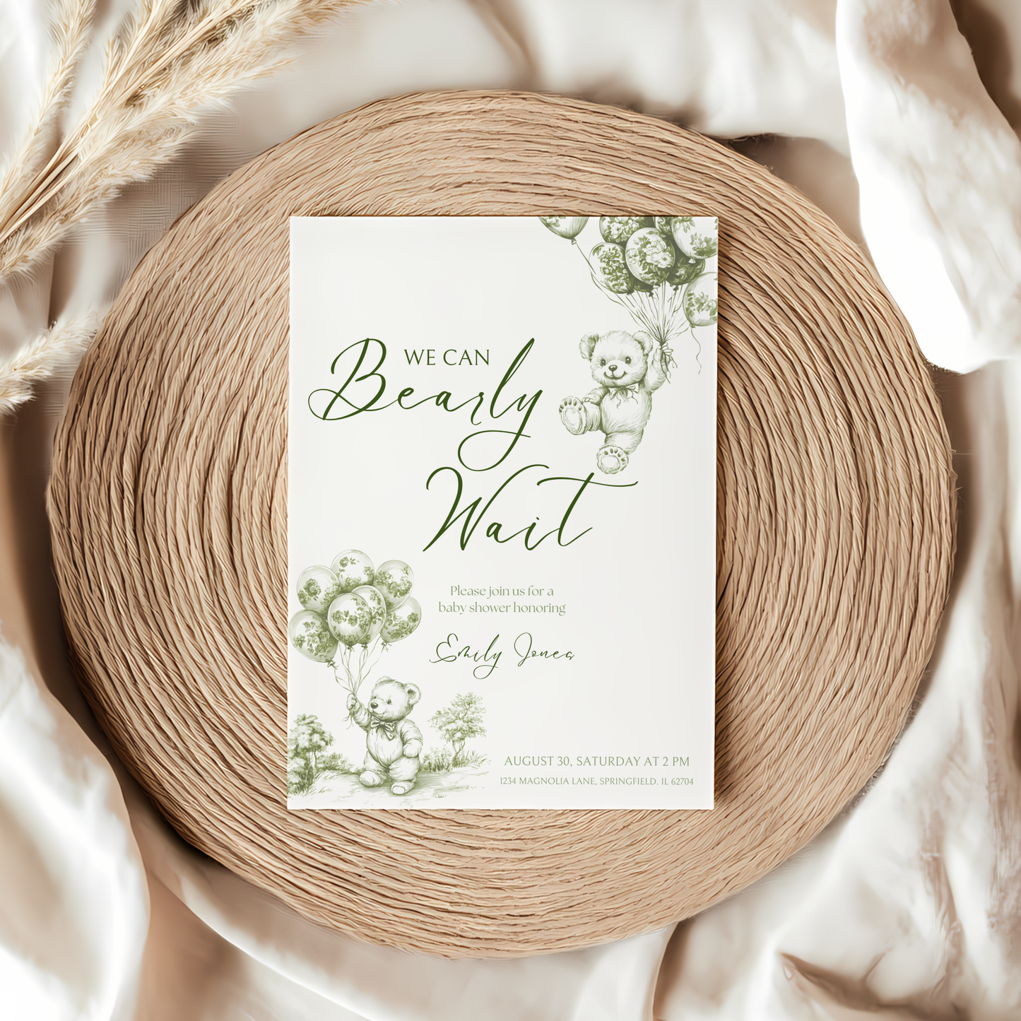 Baby Shower Invitation - Green Bearly Wait Toile de Jouy BS38