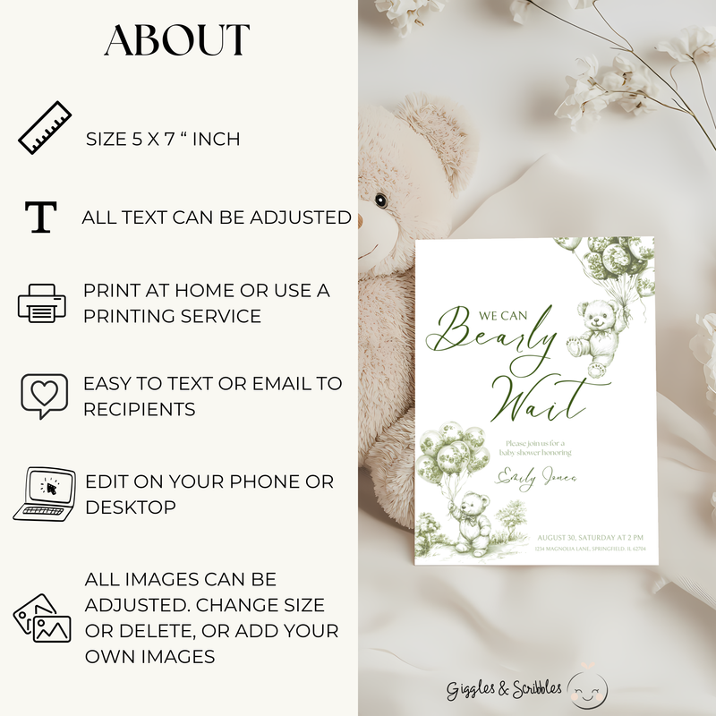 Baby Shower Invitation - Green Bearly Wait Toile de Jouy BS38
