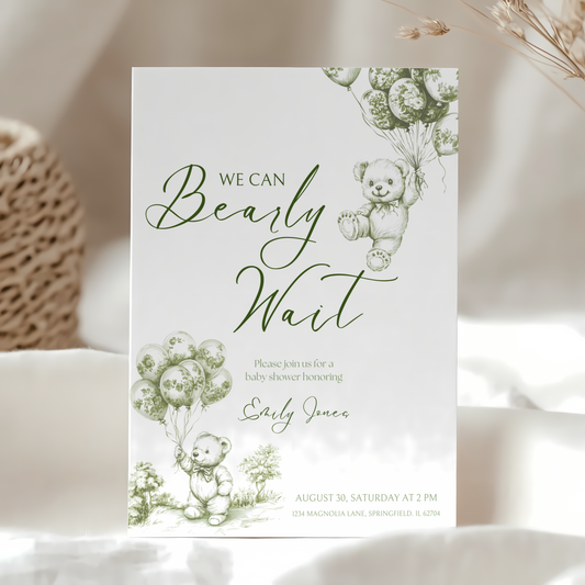 Baby Shower Invitation - Green Bearly Wait Toile de Jouy BS38