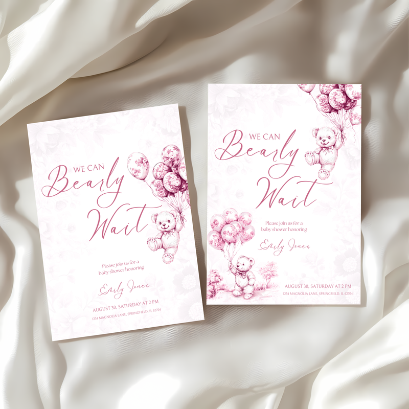 Baby Shower Invitation - Pink Bearly Wait Toile de Jouy BS37