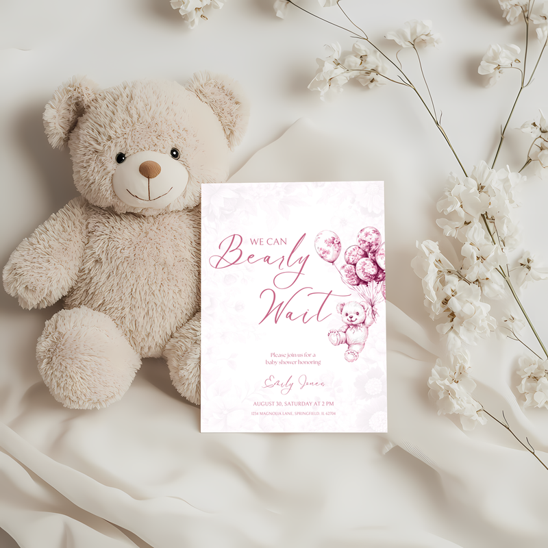 Baby Shower Invitation - Pink Bearly Wait Toile de Jouy BS37