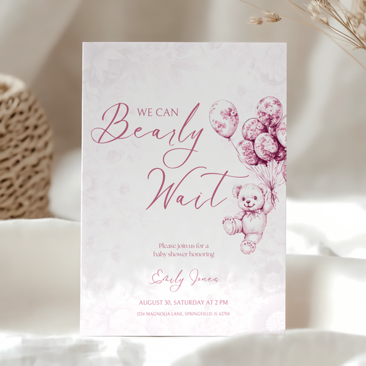 Baby Shower Invitation - Pink Bearly Wait Toile de Jouy BS37