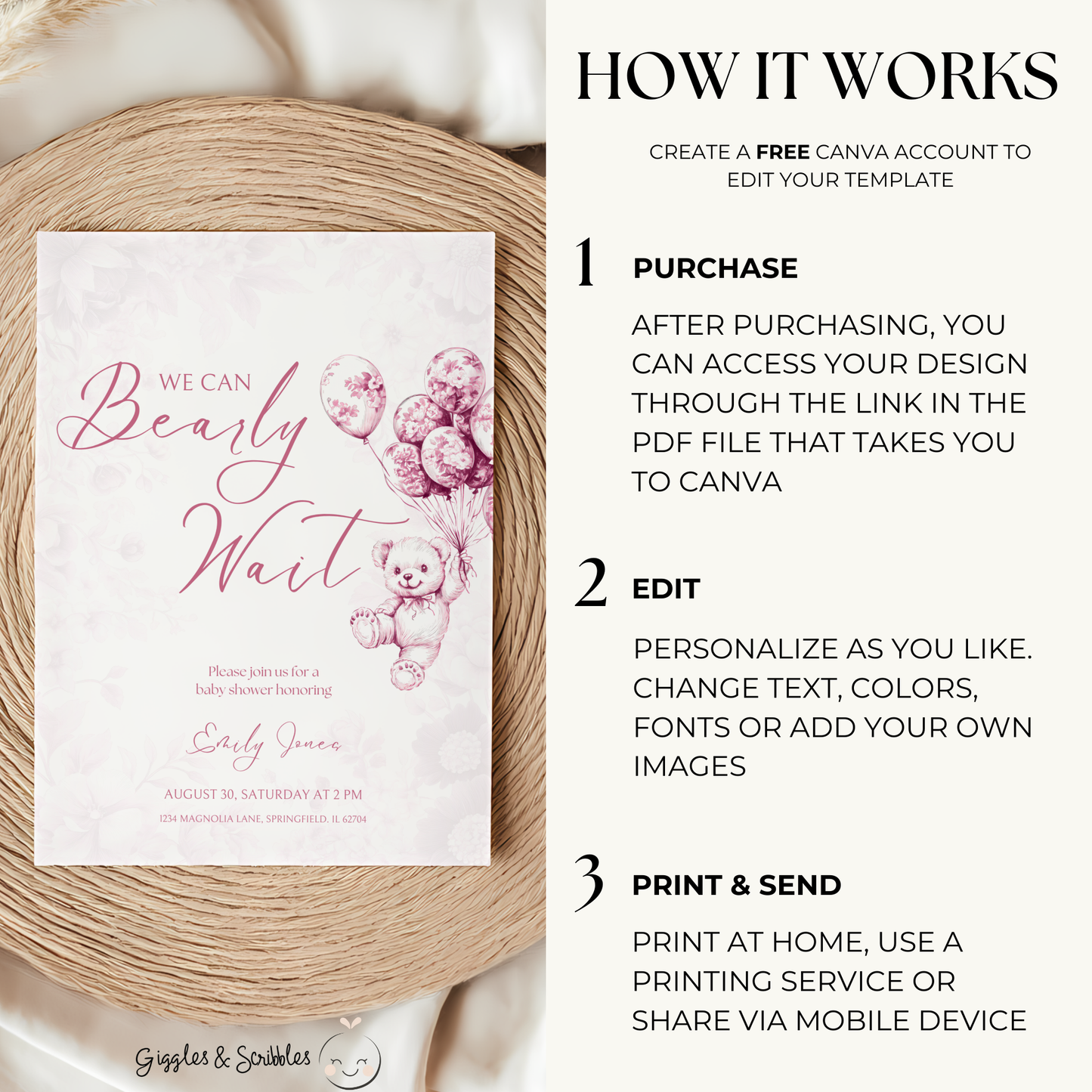 Baby Shower Invitation - Pink Bearly Wait Toile de Jouy BS37