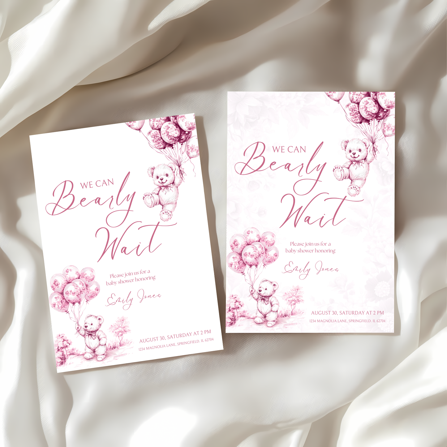 Baby Shower Invitation - Pink Bearly Wait Toile de Jouy BS37