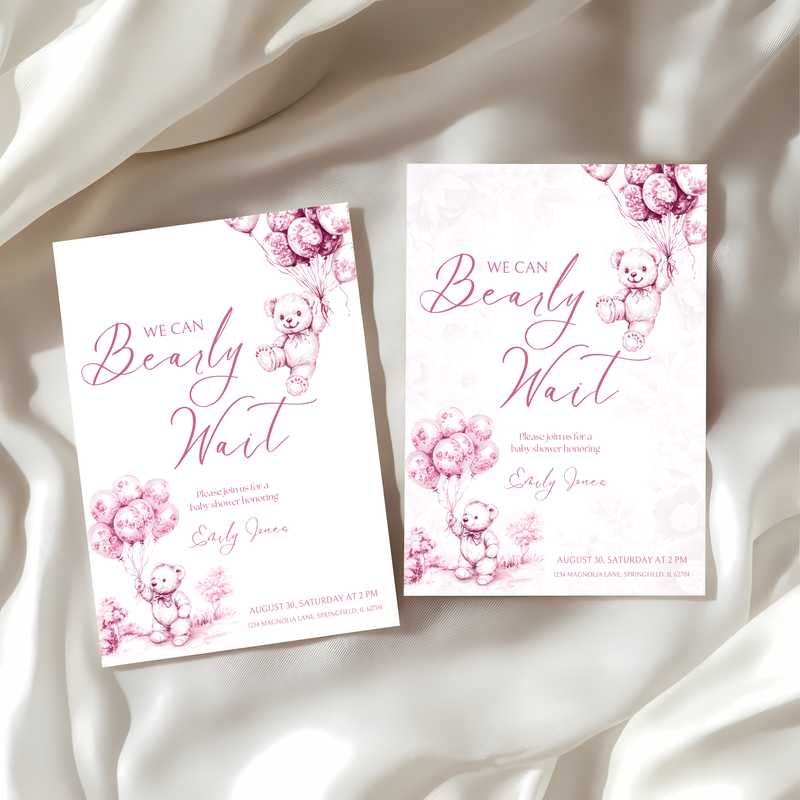 Baby Shower Invitation - Pink Bearly Wait Toile de Jouy BS37