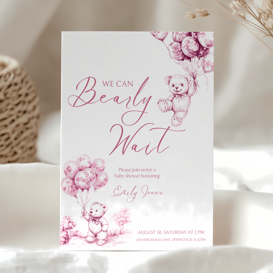Baby Shower Invitation - Pink Bearly Wait Toile de Jouy BS37