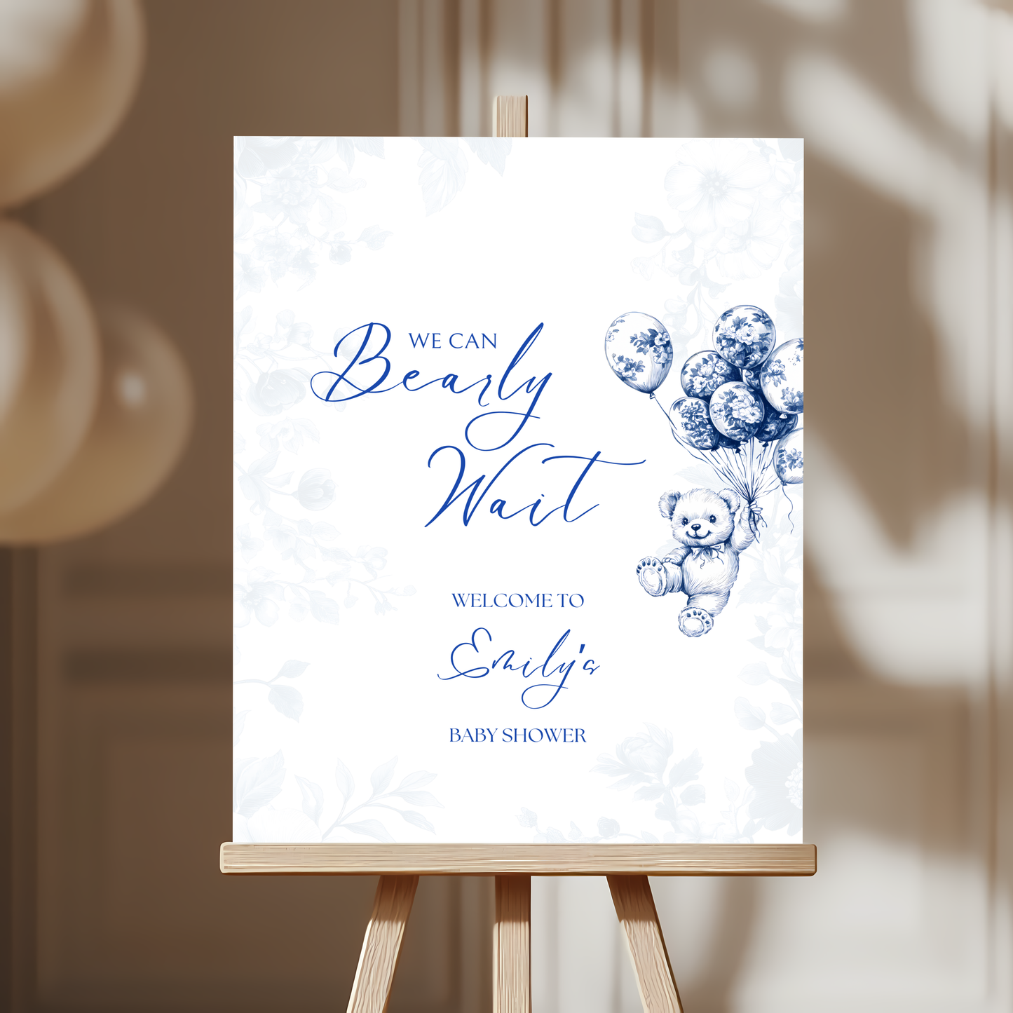 Baby Shower Welcome Sign - Blue Bearly Wait Toile de Jouy BS35