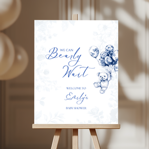 Baby Shower Welcome Sign - Blue Bearly Wait Toile de Jouy BS35