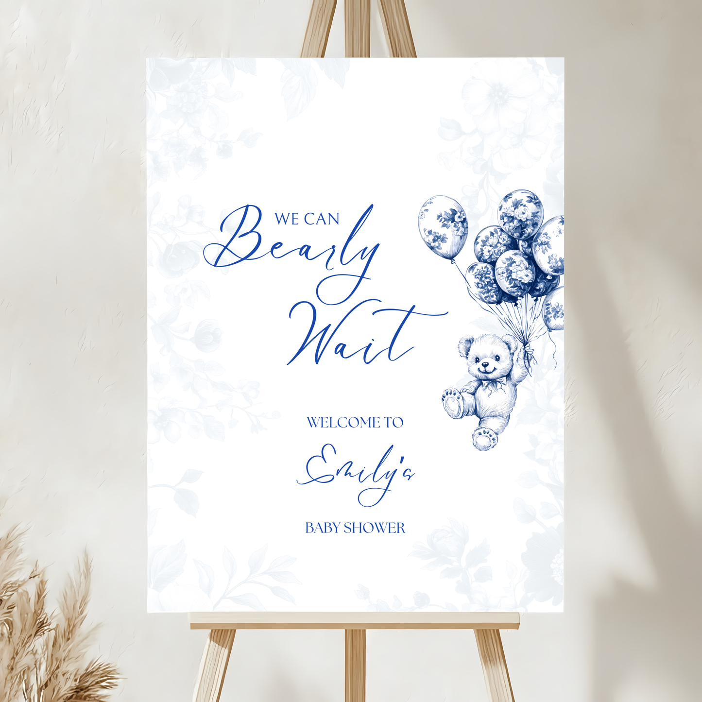 Baby Shower Welcome Sign - Blue Bearly Wait Toile de Jouy BS35