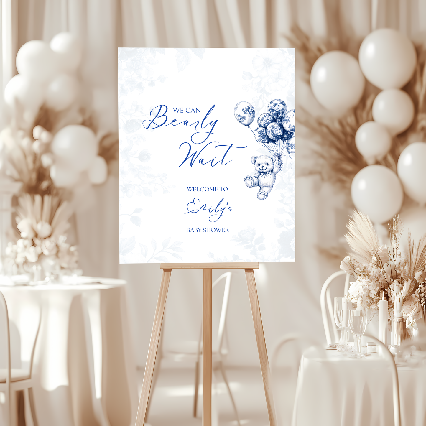 Baby Shower Welcome Sign - Blue Bearly Wait Toile de Jouy BS35