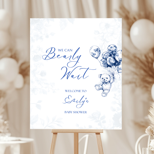 Baby Shower Welcome Sign - Blue Bearly Wait Toile de Jouy BS35