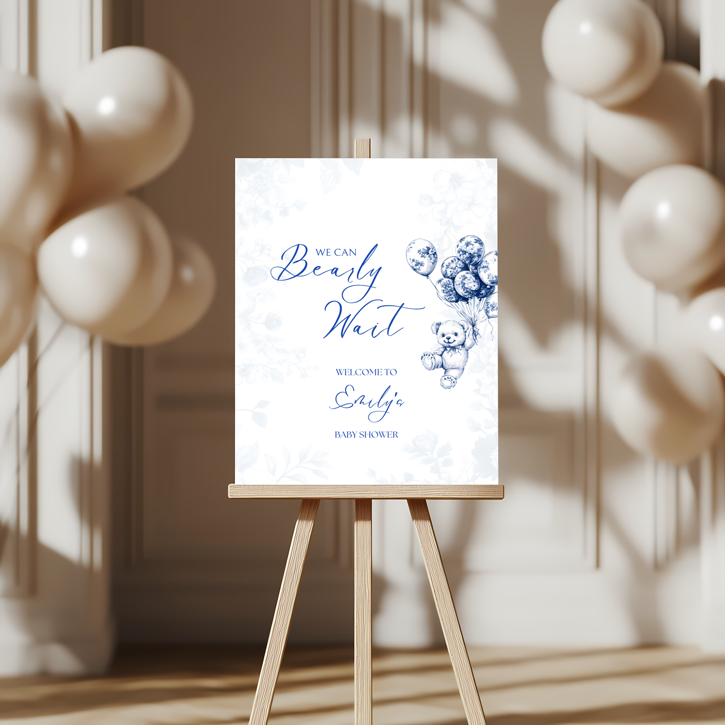 Baby Shower Welcome Sign - Blue Bearly Wait Toile de Jouy BS35