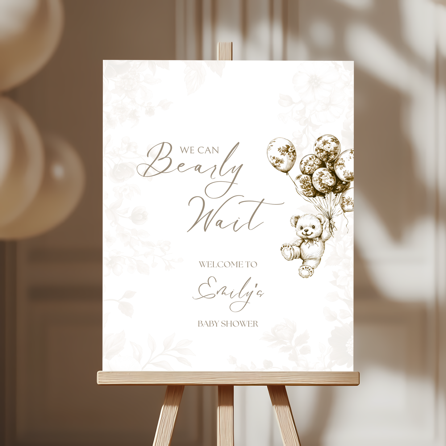 Baby Shower Welcome Sign - Beige Bearly Wait Toile de Jouy BS36