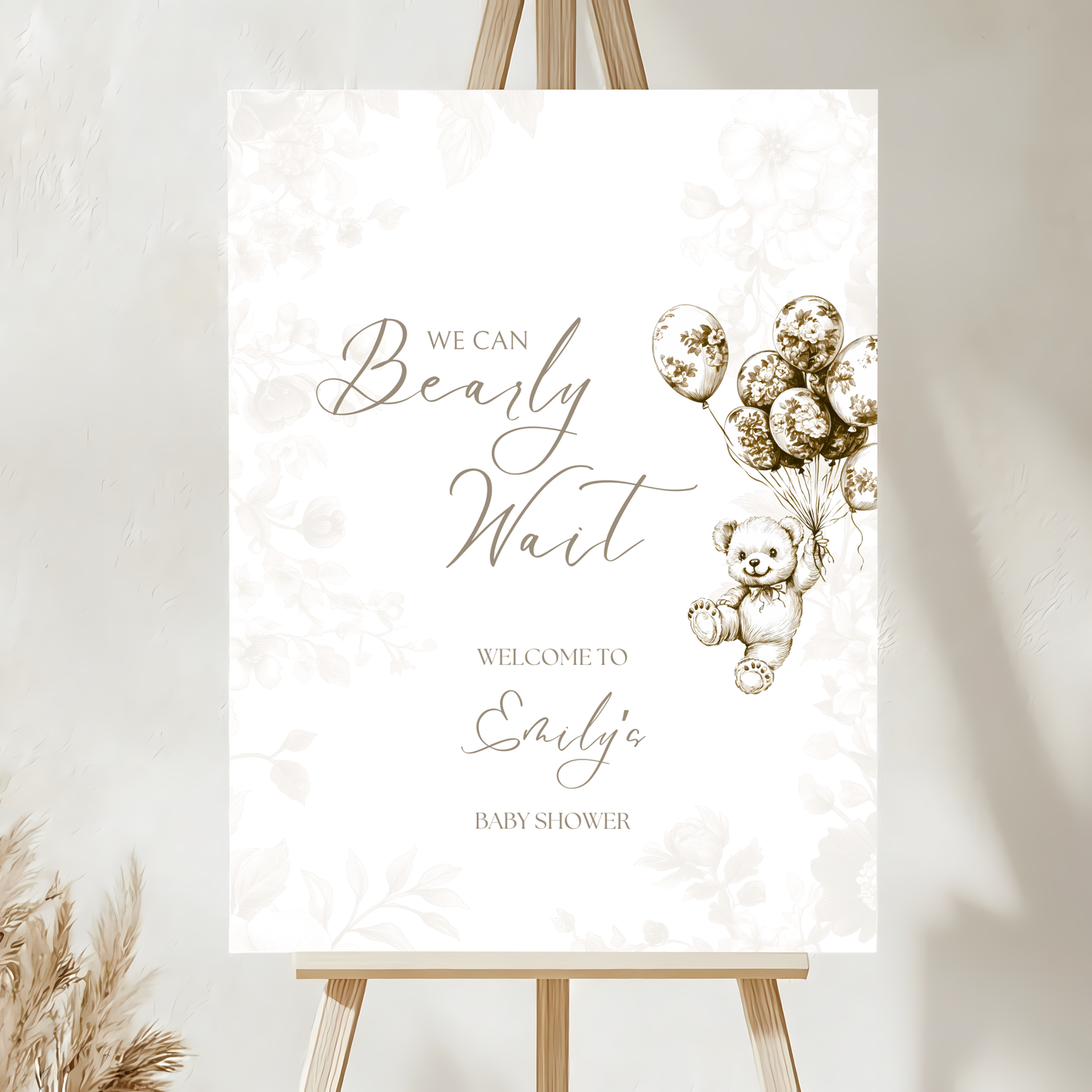 Baby Shower Welcome Sign - Beige Bearly Wait Toile de Jouy BS36