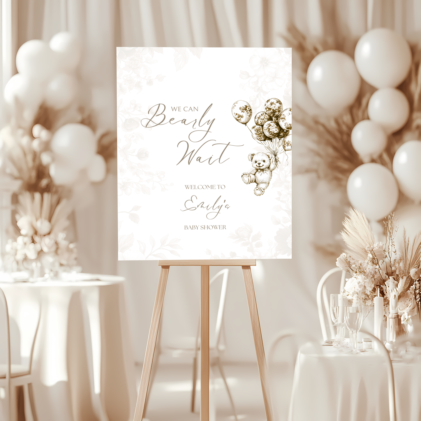 Baby Shower Welcome Sign - Beige Bearly Wait Toile de Jouy BS36