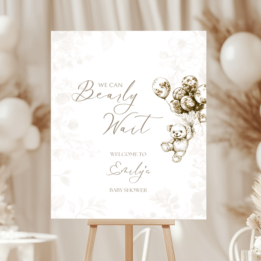 Baby Shower Welcome Sign - Beige Bearly Wait Toile de Jouy BS36