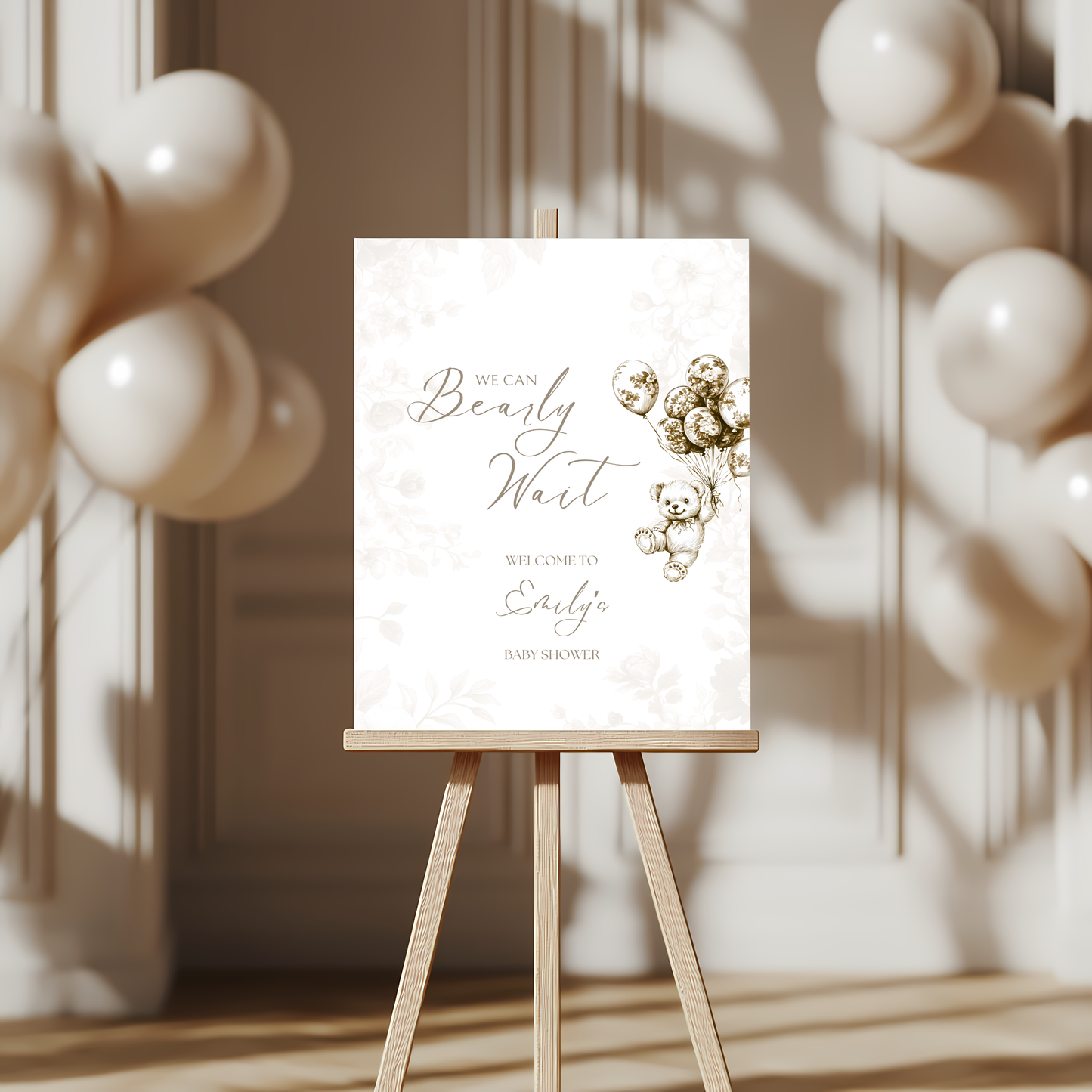 Baby Shower Welcome Sign - Beige Bearly Wait Toile de Jouy BS36