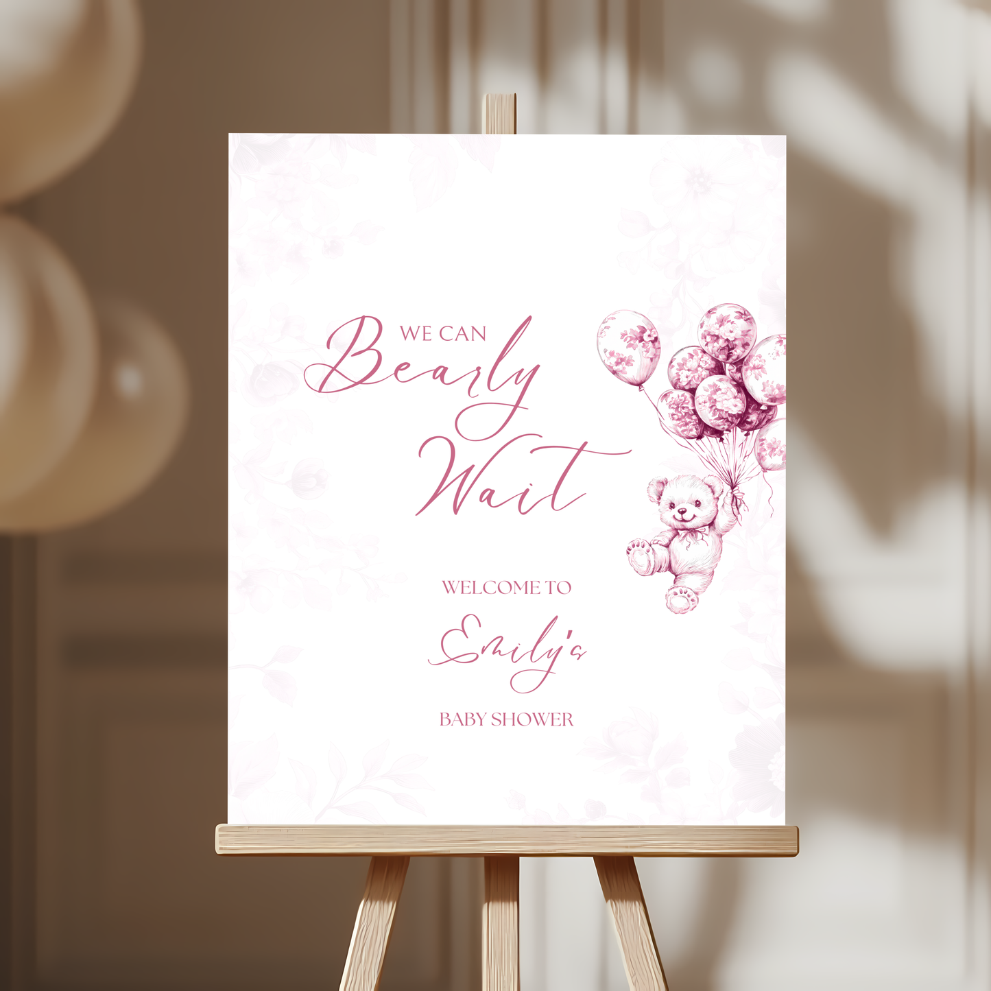 Baby Shower Welcome Sign - Pink Bearly Wait Toile de Jouy BS37