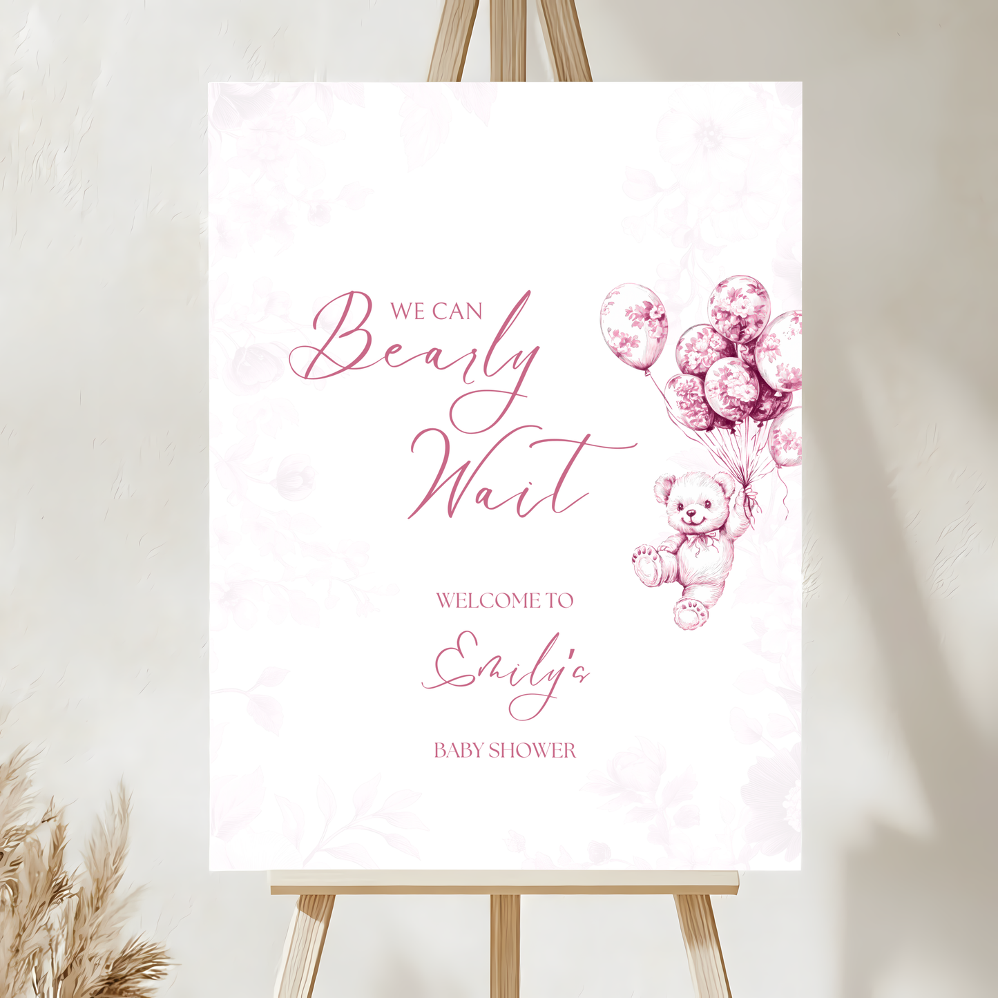 Baby Shower Welcome Sign - Pink Bearly Wait Toile de Jouy BS37