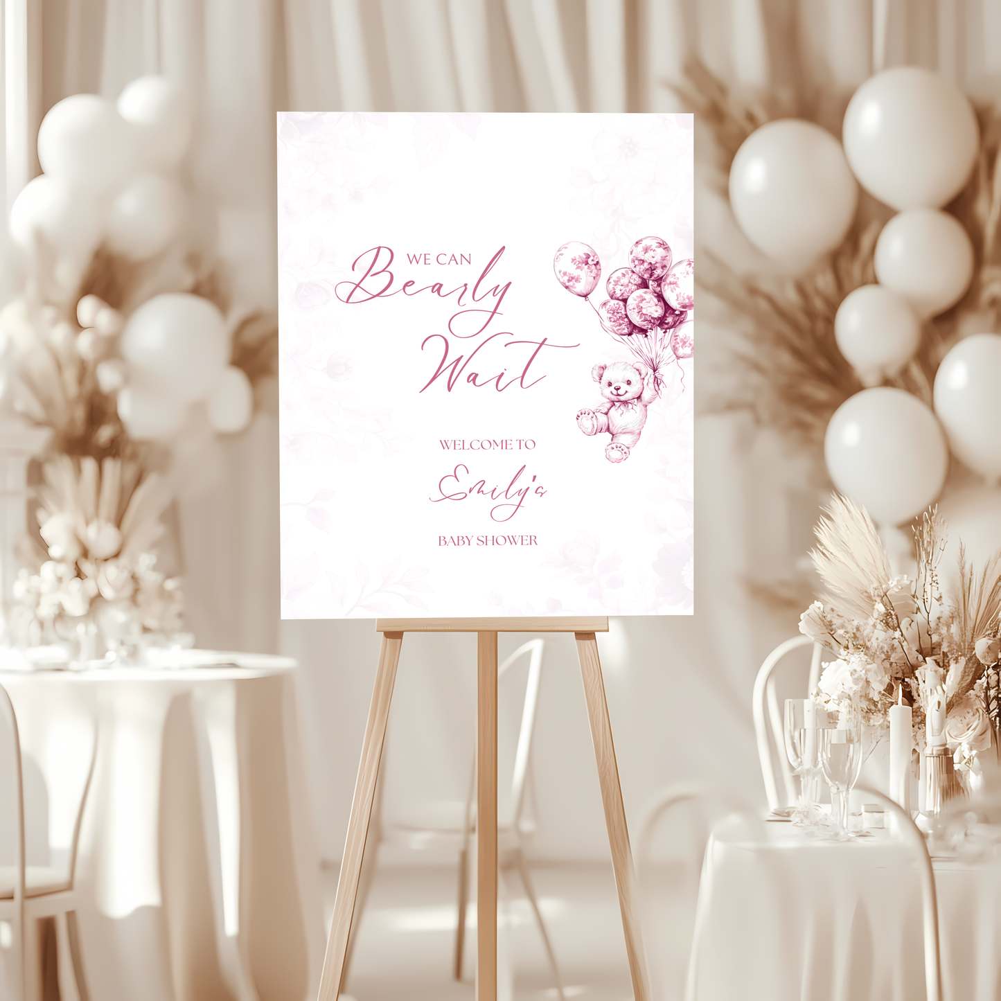 Baby Shower Welcome Sign - Pink Bearly Wait Toile de Jouy BS37