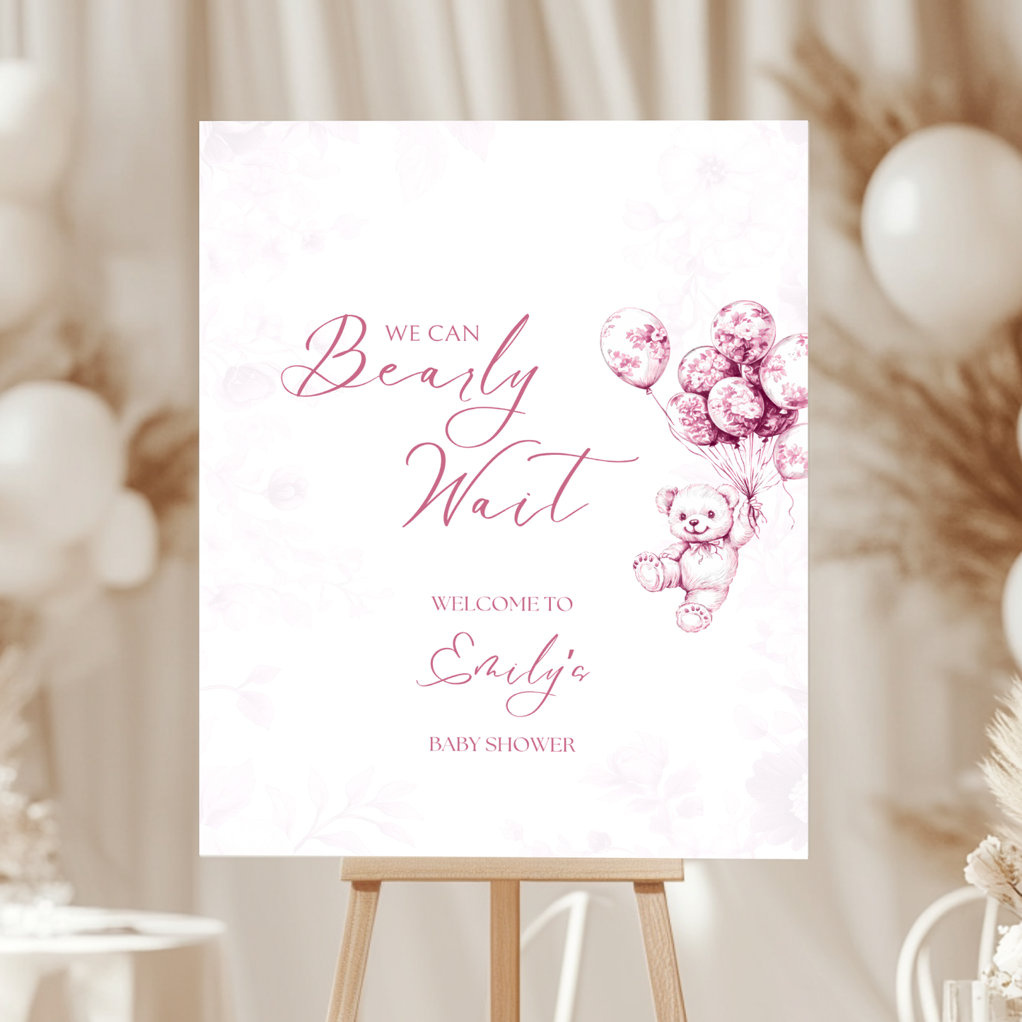 Baby Shower Welcome Sign - Pink Bearly Wait Toile de Jouy BS37