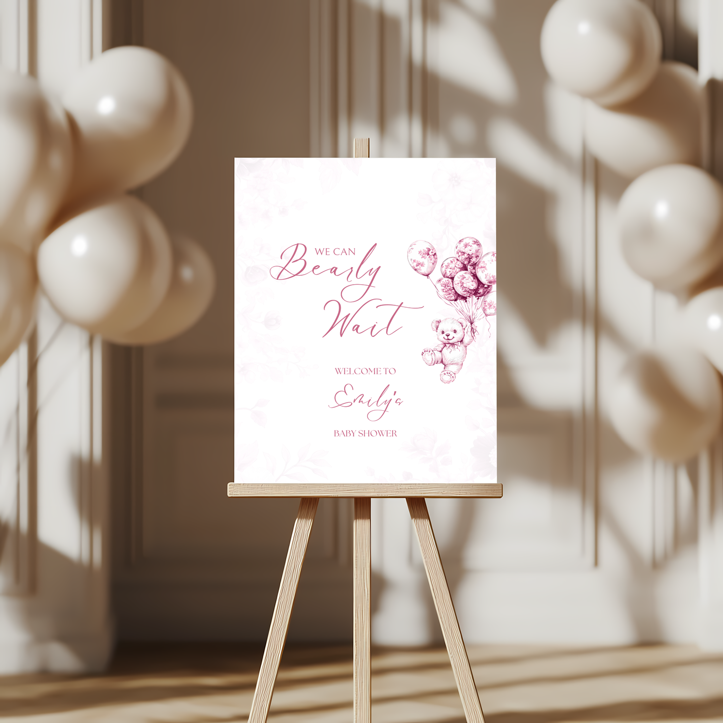 Baby Shower Welcome Sign - Pink Bearly Wait Toile de Jouy BS37