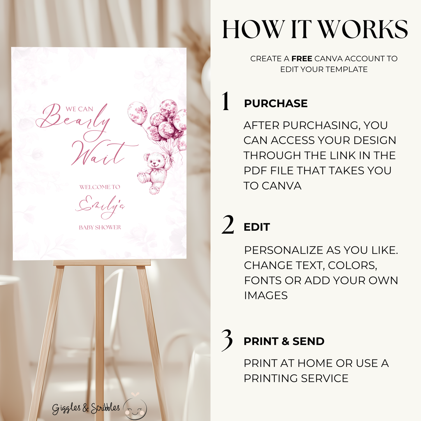 Baby Shower Welcome Sign - Pink Bearly Wait Toile de Jouy BS37