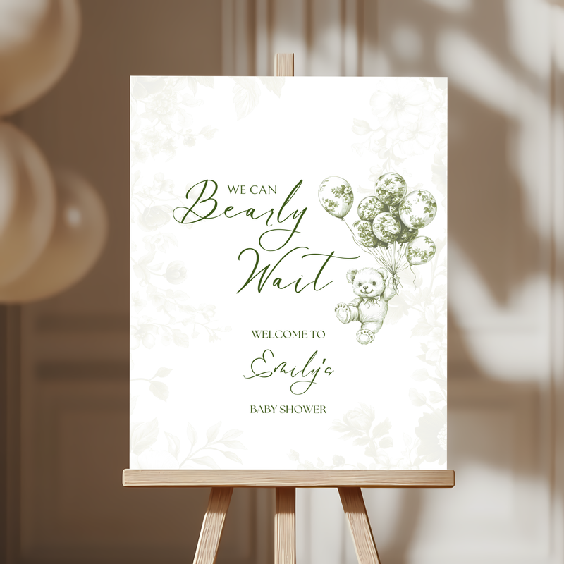 Baby Shower Welcome Sign - Green Bearly Wait Toile de Jouy BS38