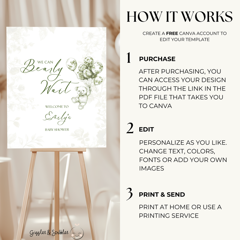 Baby Shower Welcome Sign - Green Bearly Wait Toile de Jouy BS38