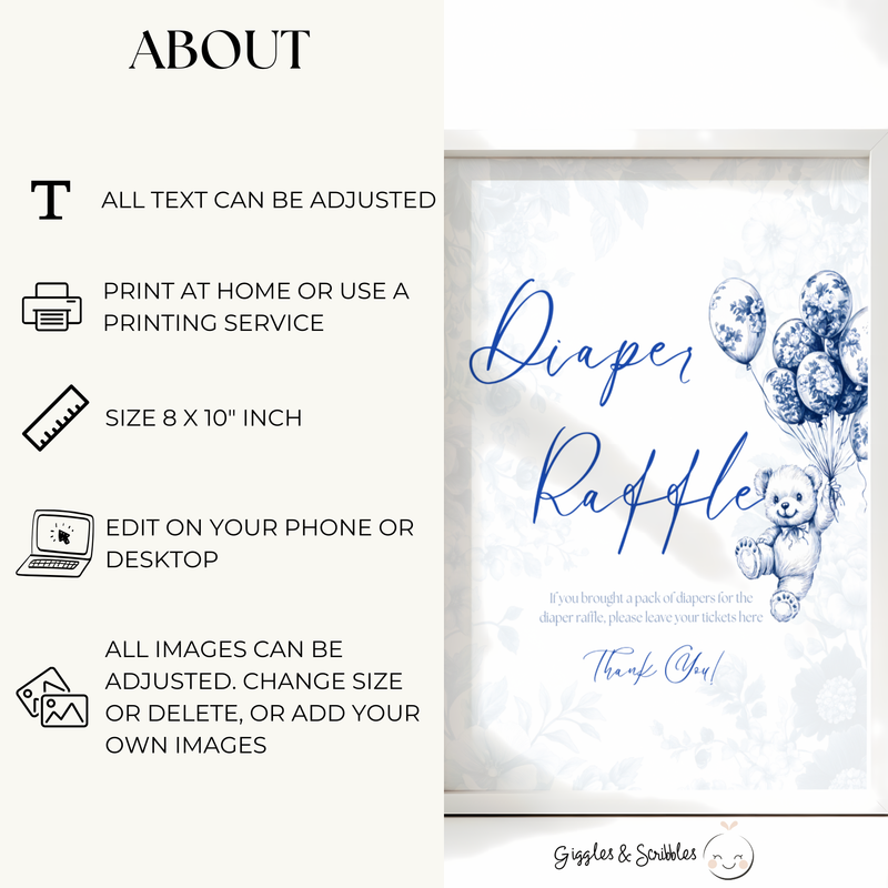 Baby Shower Table Sign Bundle - Blue Bearly Wait Toile de Jouy BS35