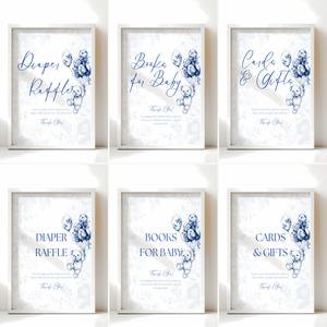 Baby Shower Table Sign Bundle - Blue Bearly Wait Toile de Jouy BS35