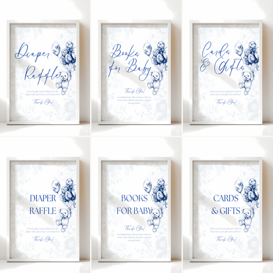 Baby Shower Table Sign Bundle - Blue Bearly Wait Toile de Jouy BS35